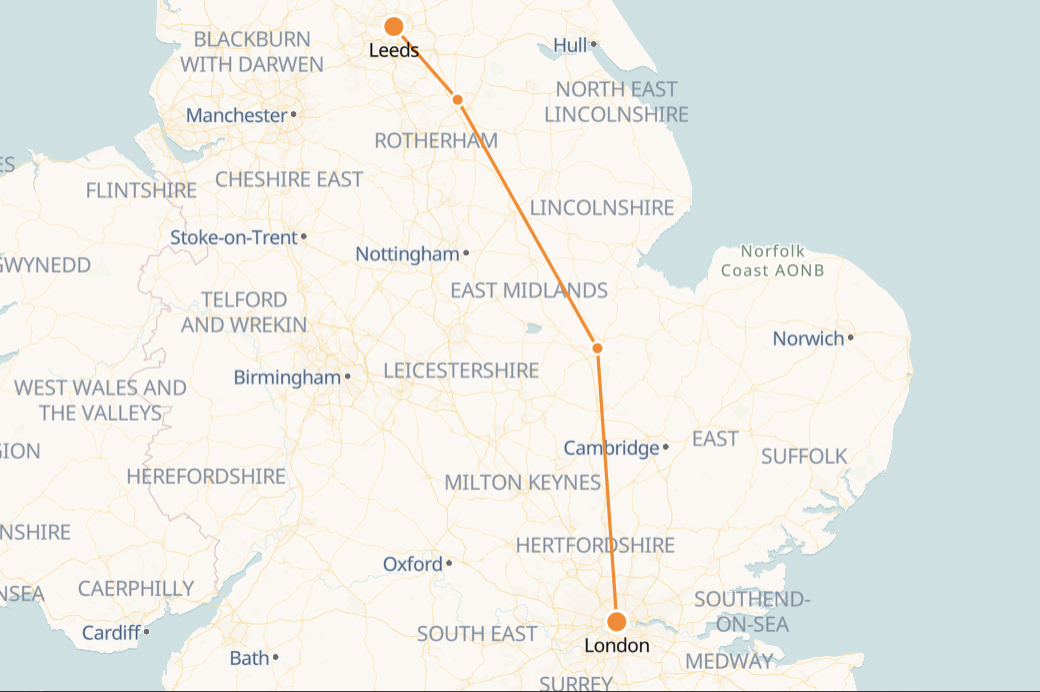 Leeds to London Rail Map