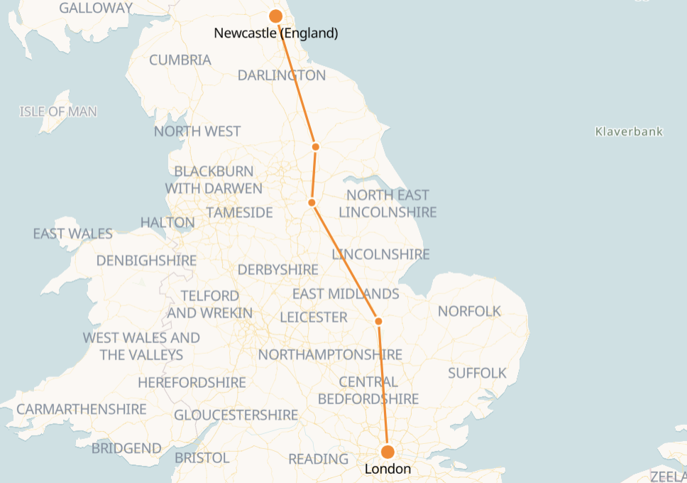 Newcastle to London Rail Map